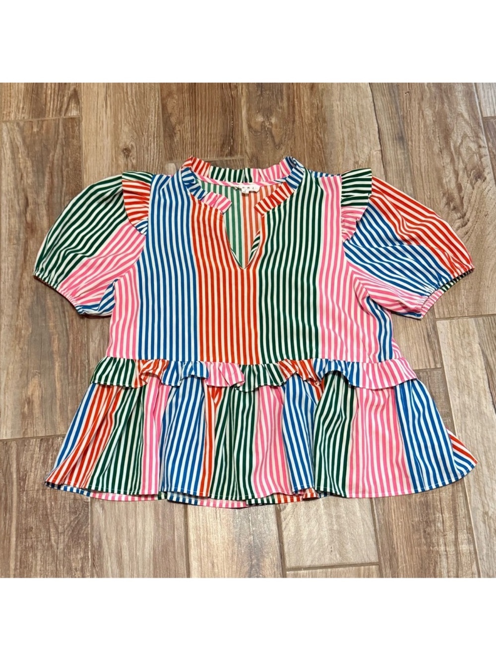 THML Multi Color Stripe Colorful Vneck Ruffle Peplum Blouse Top